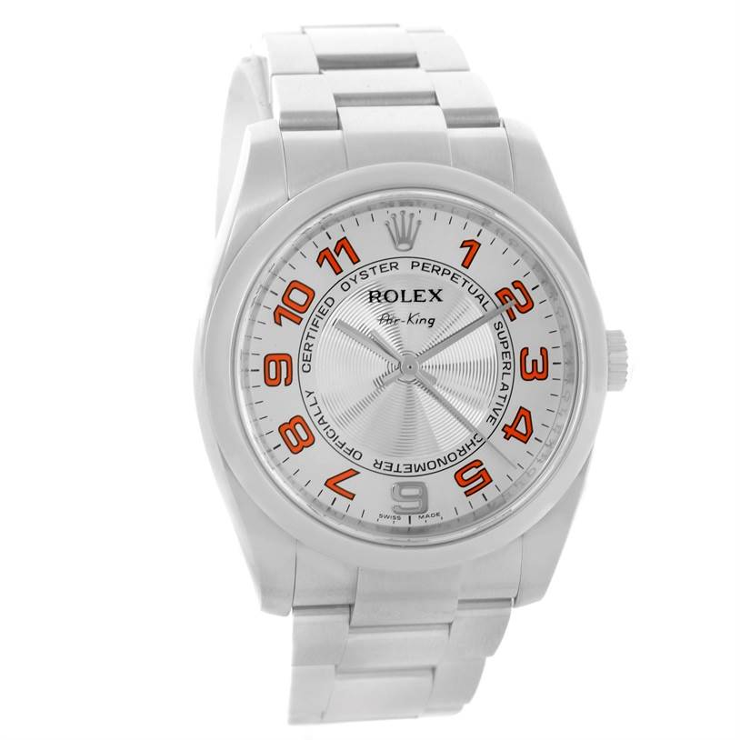 The Rolex Air-King 114200 Men's Stainless Steel Silver Dial 114200 Men's Stainless Steel Silver Dial watch is shown from the front, highlighting the dial, bezel, and bracelet.