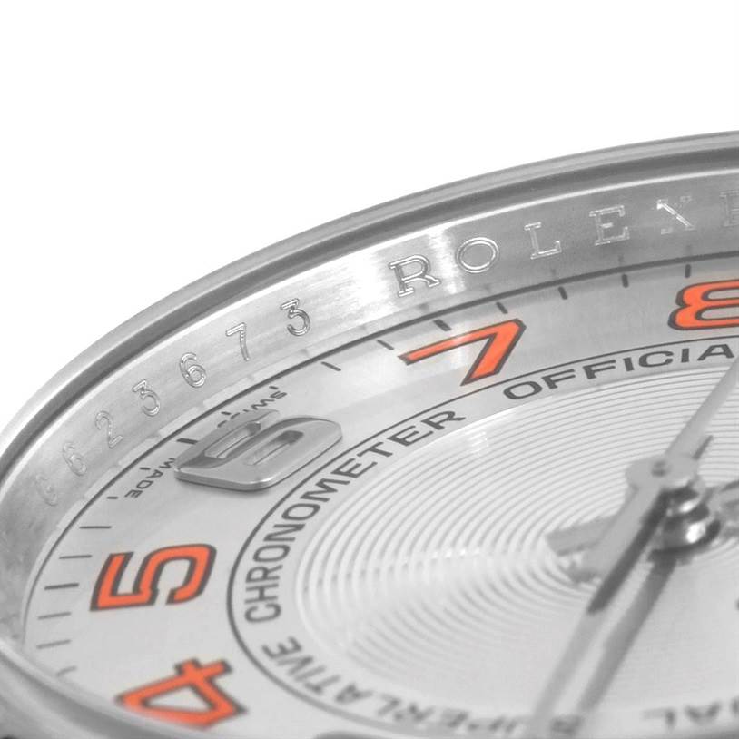 The image shows a close-up of the dial and edge of a Rolex Air-King 114200 Men's Stainless Steel Silver Dial 114200 Men's Stainless Steel Silver Dial watch, highlighting numerals, text, and part of the second hand.