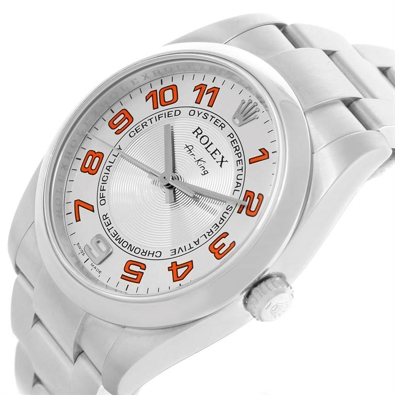 The image shows a Rolex Air-King 114200 Men's Stainless Steel Silver Dial 114200 Men's Stainless Steel Silver Dial watch from an angled side view, highlighting the dial, case, bracelet, and crown.
