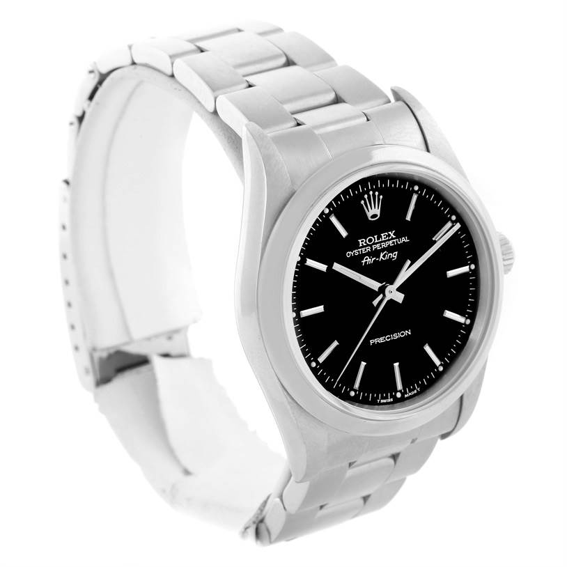 The image shows a Rolex Air-King 14000 Men's Stainless Steel Black Dial 14000 Men's Stainless Steel Black Dial watch, angled from the front left, highlighting its black dial, case, bezel, and bracelet.