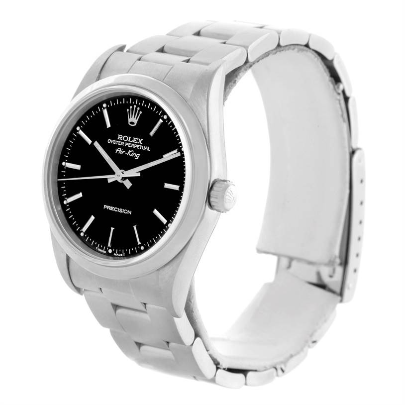 The Rolex Air-King 14000 Men's Stainless Steel Black Dial 14000 Men's Stainless Steel Black Dial watch is displayed at a slight angle, showing the face, bezel, crown, and part of the bracelet.