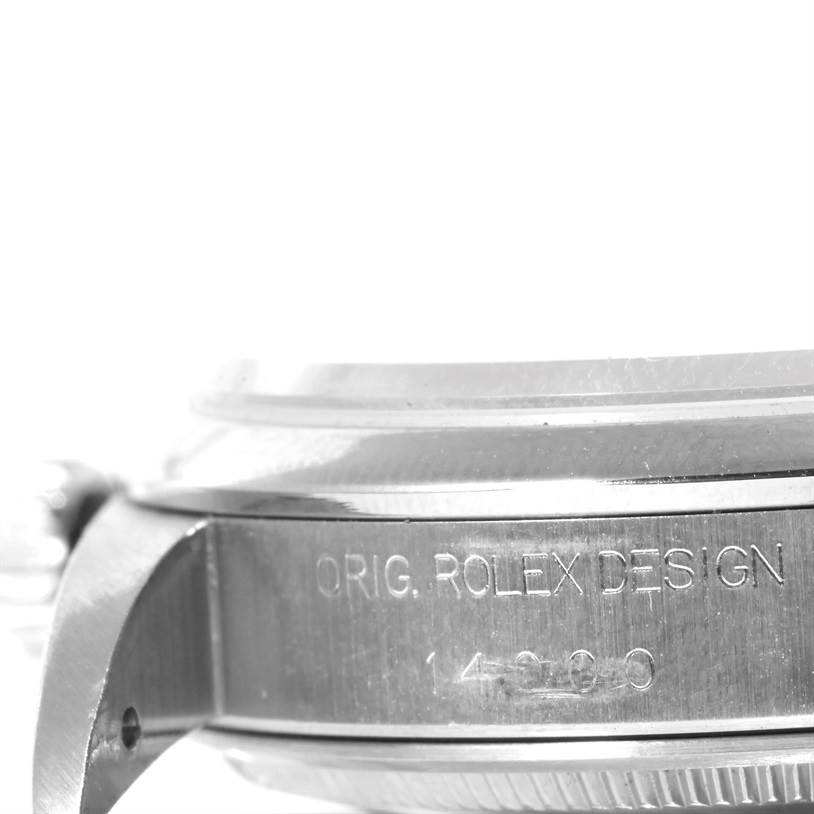 The image shows a close-up side view of a Rolex Air-King 14000 Men's Stainless Steel Black Dial 14000 Men's Stainless Steel Black Dial watch, highlighting the engraved case side with the model and design information.