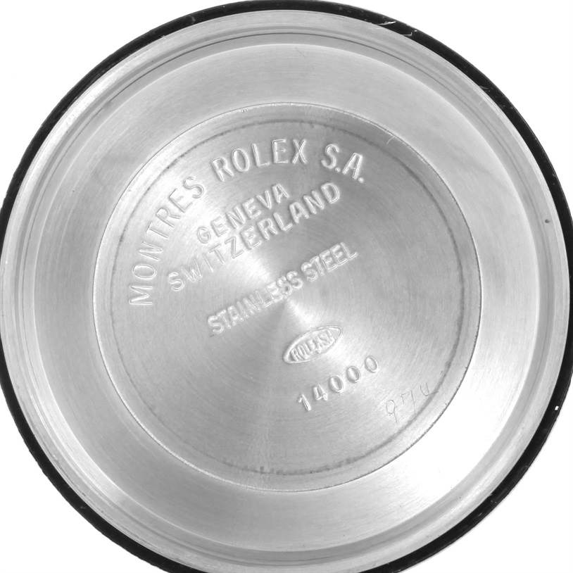 This image shows the interior view of the case back for a Rolex Air-King 14000 Men's Stainless Steel Black Dial 14000 Men's Stainless Steel Black Dial model, displaying inscriptions and model number 14000.