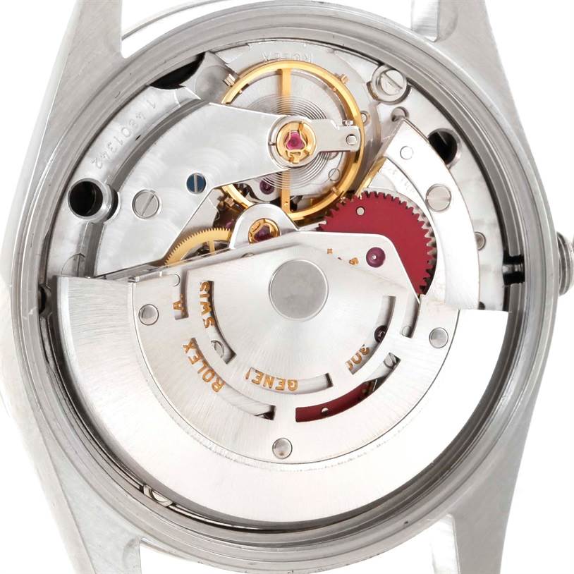 The image shows the movement components of a Rolex Air-King 14000 Men's Stainless Steel Black Dial 14000 Men's Stainless Steel Black Dial watch from a back angle, revealing the intricate inner mechanisms.