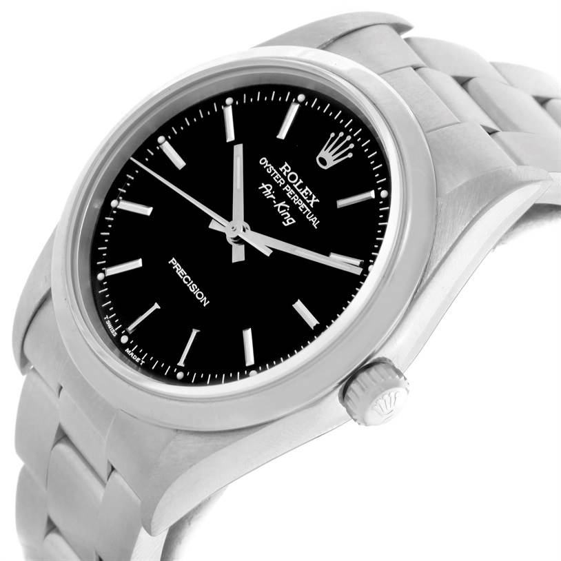 The Rolex Air-King 14000 Men's Stainless Steel Black Dial 14000 Men's Stainless Steel Black Dial watch is shown at an angled side view, displaying the face, crown, and part of the bracelet.