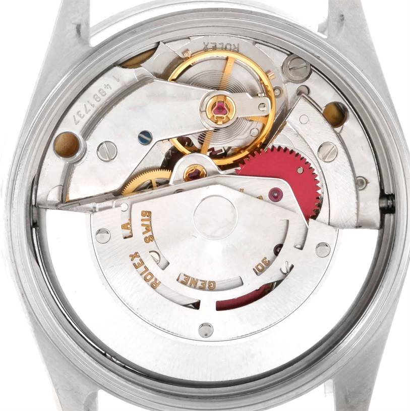 The image shows the internal movement mechanism of the Rolex Air-King 14010 Men's Stainless Steel Blue Dial 14010 Men's Stainless Steel Blue Dial watch from a top-down view.