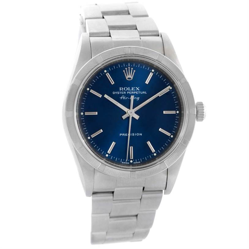 This image shows a Rolex Air-King 14010 Men's Stainless Steel Blue Dial 14010 Men's Stainless Steel Blue Dial watch at a forward angle, highlighting its face, bezel, crown, and bracelet.