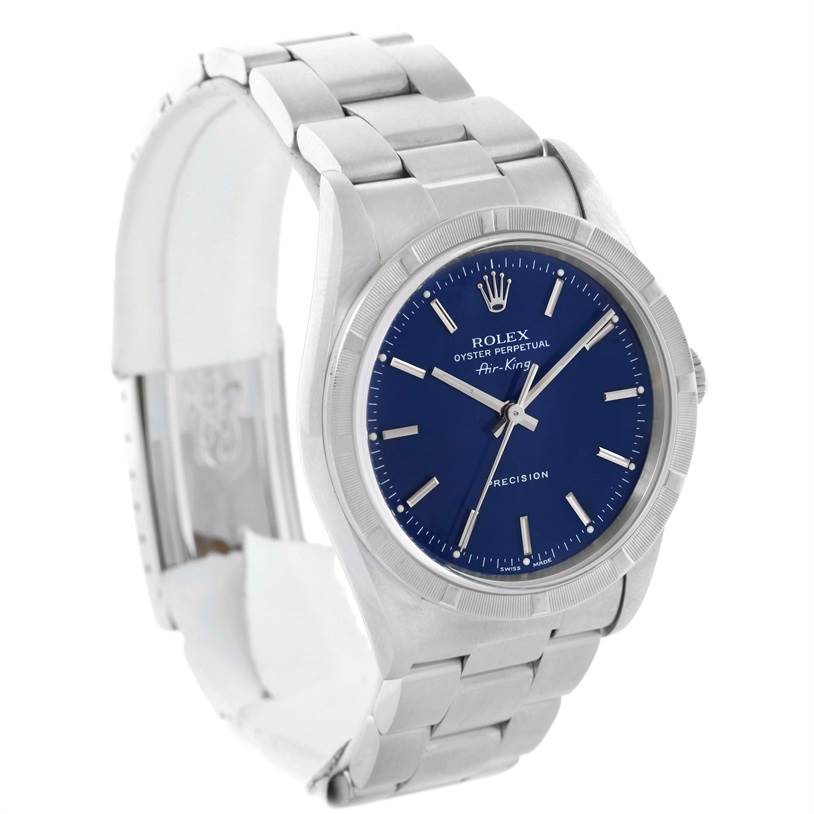 This image shows a Rolex Air-King 14010 Men's Stainless Steel Blue Dial 14010 Men's Stainless Steel Blue Dial watch, angled to display the face, case, and part of the metal bracelet.