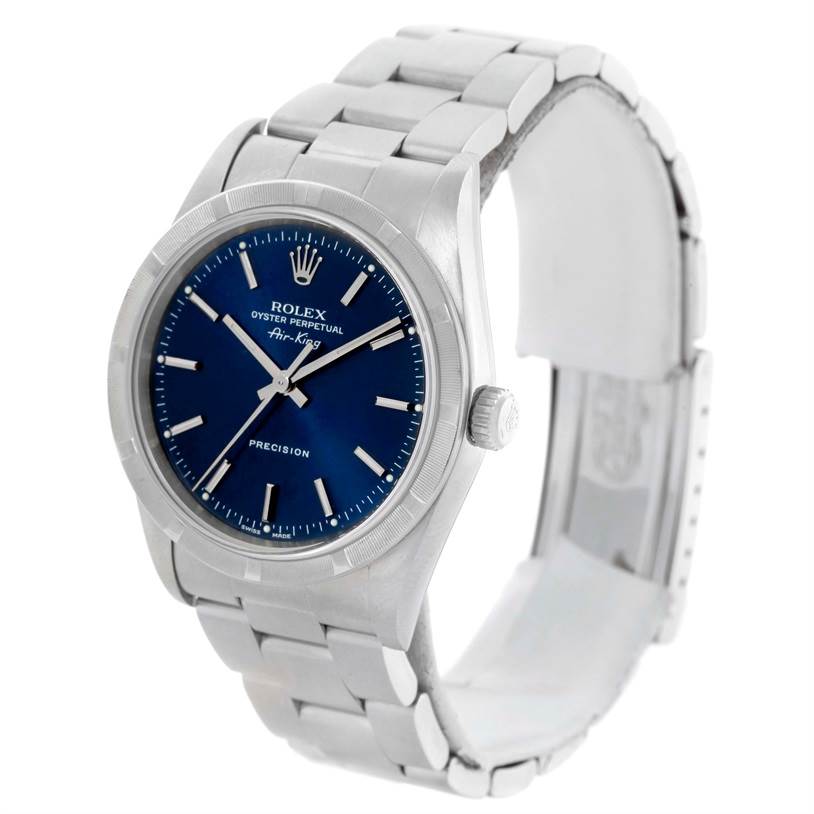 The image shows a front-angle view of a Rolex Air-King 14010 Men's Stainless Steel Blue Dial 14010 Men's Stainless Steel Blue Dial watch displaying its blue dial, hour markers, hands, and bracelet.