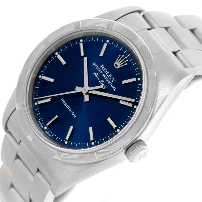 This image shows the Rolex Air-King 14010 Men's Stainless Steel Blue Dial 14010 Men's Stainless Steel Blue Dial watch from a slightly angled front view, highlighting the face, bezel, and part of the bracelet.