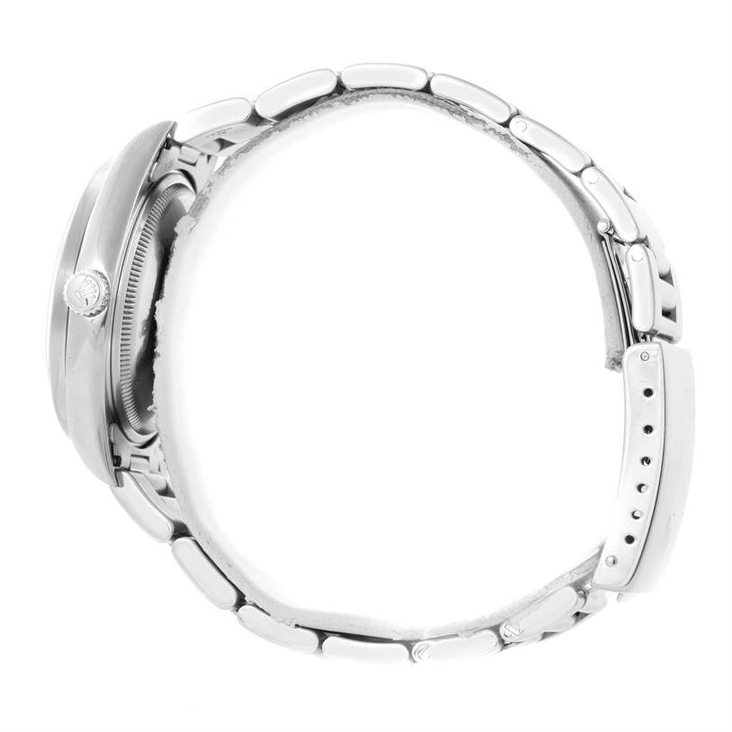 The image shows a side view of a Rolex Air-King 14010 Men's Stainless Steel Blue Dial 14010 Men's Stainless Steel Blue Dial watch, highlighting the case, crown, and bracelet.