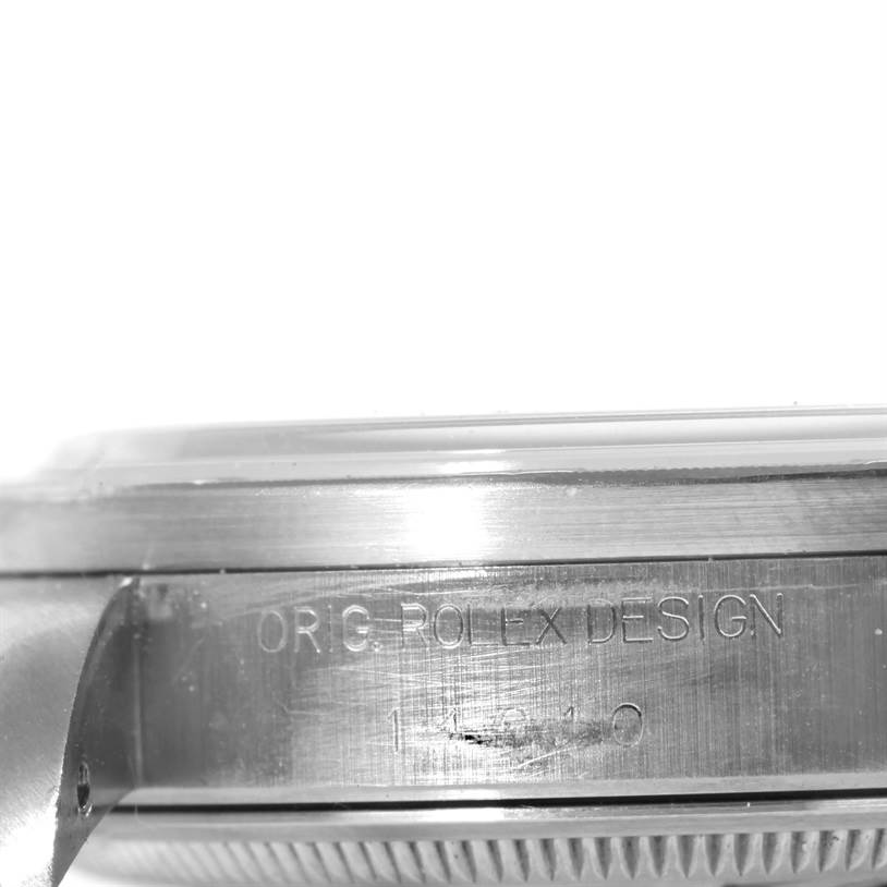 The image shows a close-up side view of the case and bezel of the Rolex Air-King 14010 Men's Stainless Steel Blue Dial 14010 Men's Stainless Steel Blue Dial watch, highlighting the "ORIG. ROLEX DESIGN" engraving.