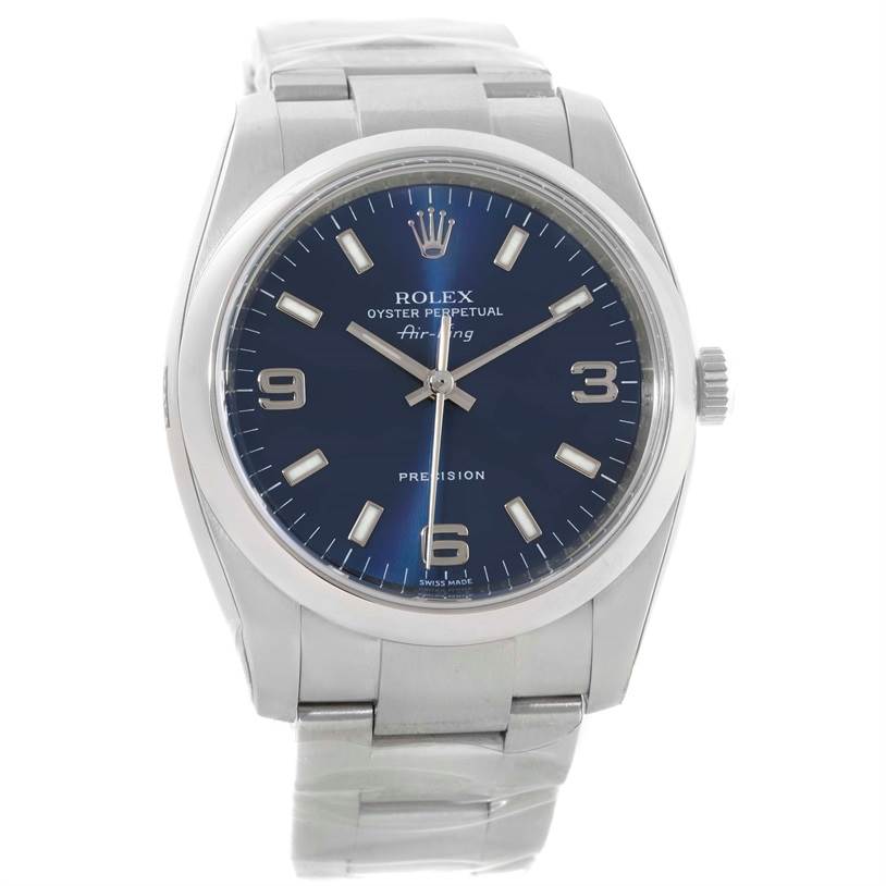 This image displays a Rolex Air-King 114200 Men's Stainless Steel Blue Dial 114200 Men's Stainless Steel Blue Dial watch model from a front angle, showcasing the dial and part of the bracelet.