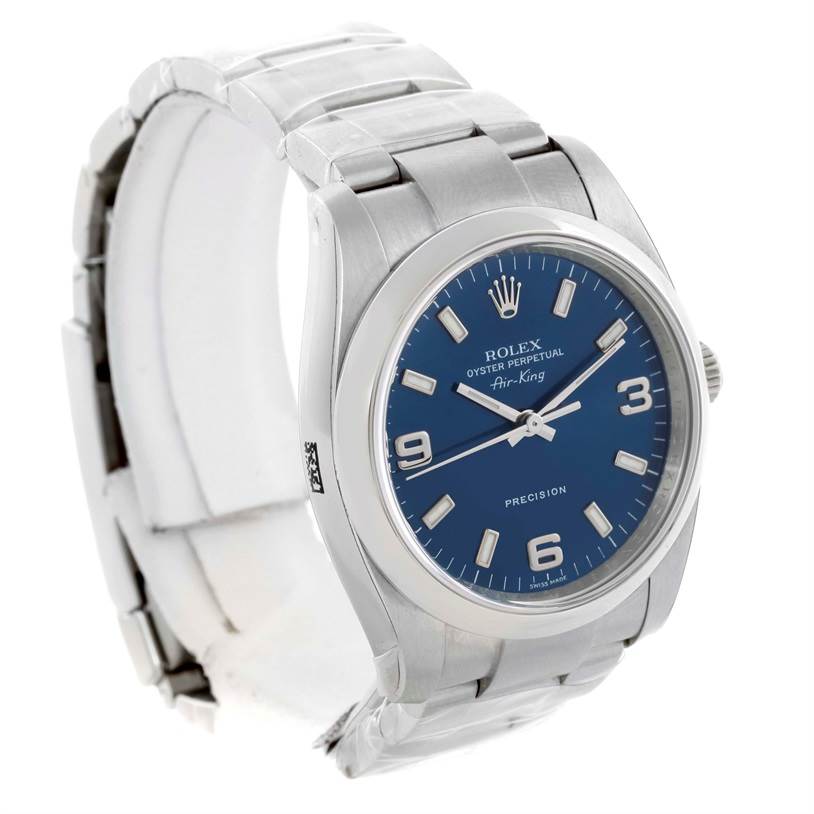 The image shows a Rolex Air-King 114200 Men's Stainless Steel Blue Dial 114200 Men's Stainless Steel Blue Dial watch angled to highlight the blue dial, bracelet, and bezel.