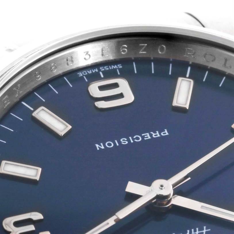 The image shows a close-up angle of a Rolex Air-King 114200 Men's Stainless Steel Blue Dial 114200 Men's Stainless Steel Blue Dial watch, highlighting the dial, hands, and partial bezel.