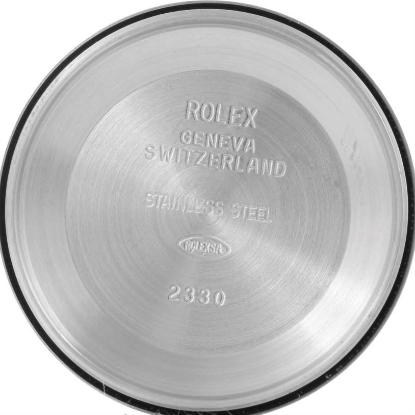 This image shows the inside back cover of an Air-King model by Rolex, with inscriptions indicating materials and origin.