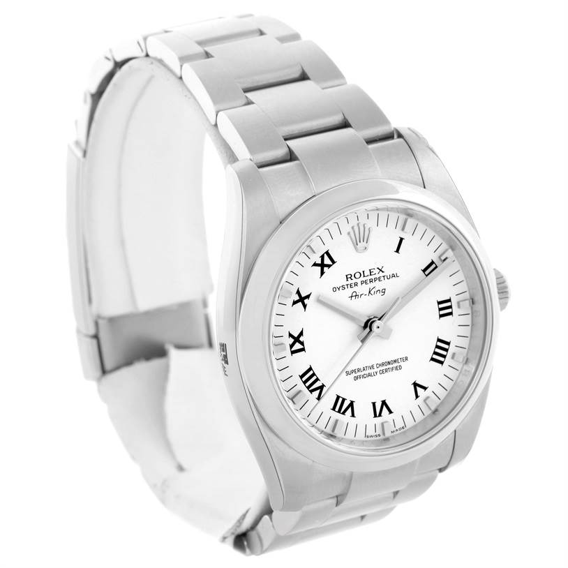 The image shows a Rolex Air-King 114200 Men's Stainless Steel White Dial 114200 Men's Stainless Steel White Dial watch from an angled perspective, highlighting the face, bezel, and part of the bracelet.
