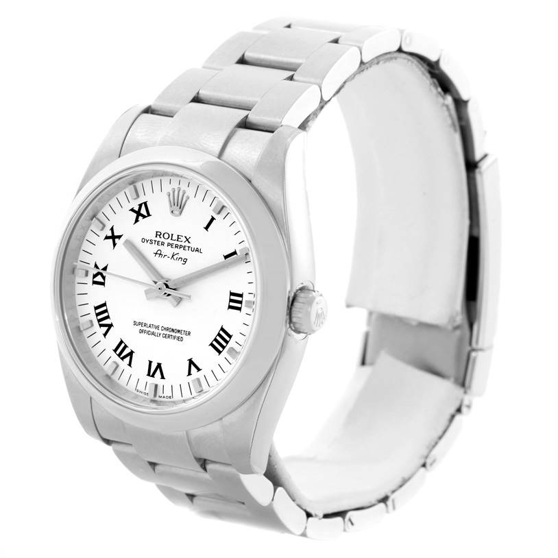 The Rolex Air-King 114200 Men's Stainless Steel White Dial 114200 Men's Stainless Steel White Dial watch is shown at a slight angle, highlighting the face, bezel, crown, and a portion of the bracelet.
