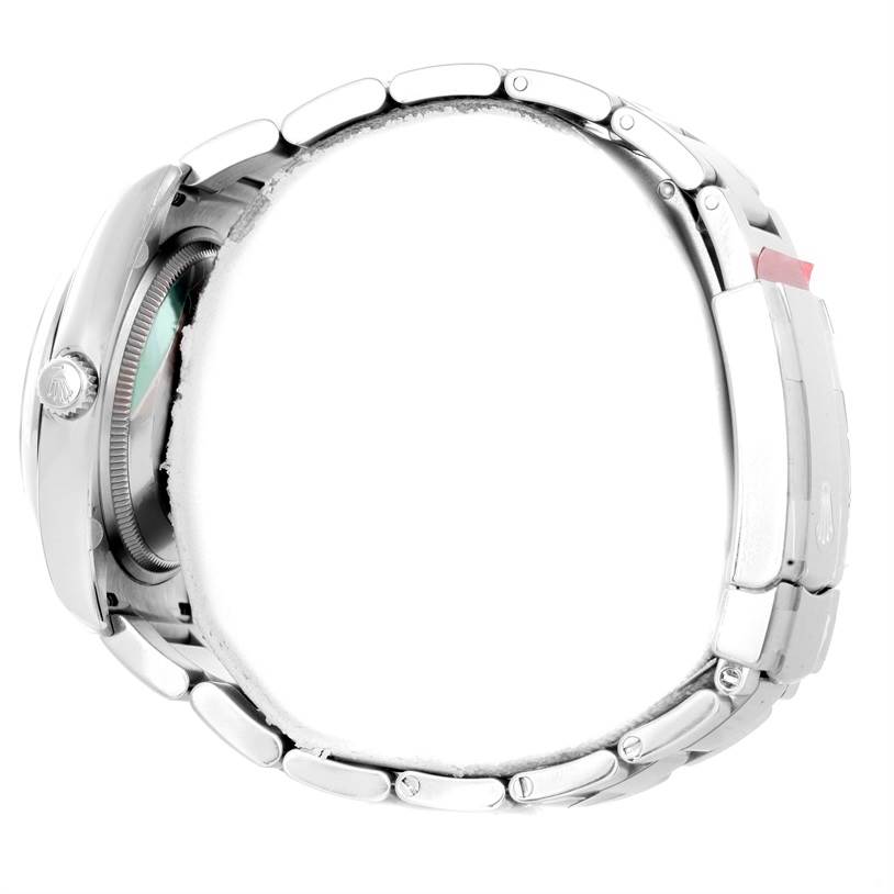 The Rolex Air-King 114200 Men's Stainless Steel White Dial 114200 Men's Stainless Steel White Dial watch is shown from a side angle, featuring the case and metal bracelet.