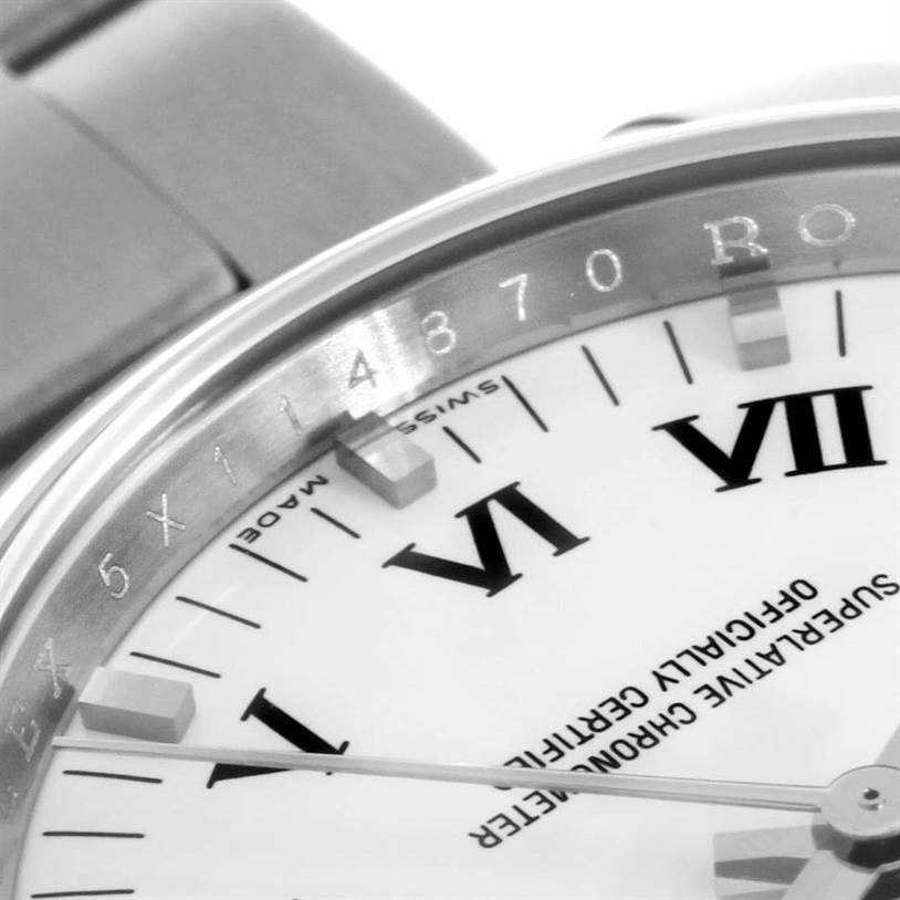 This close-up image shows the dial, Roman numerals, and part of the bezel of the Rolex Air-King 114200 Men's Stainless Steel White Dial 114200 Men's Stainless Steel White Dial watch.
