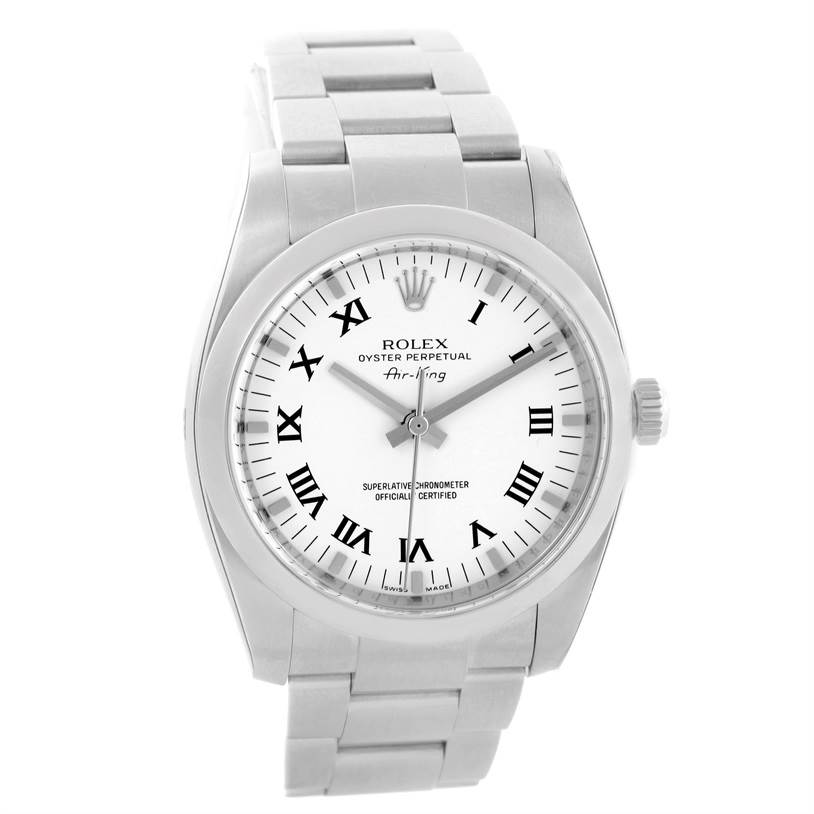 The Rolex Air-King 114200 Men's Stainless Steel White Dial 114200 Men's Stainless Steel White Dial watch is shown from a front angle, displaying its dial, case, bezel, and bracelet.