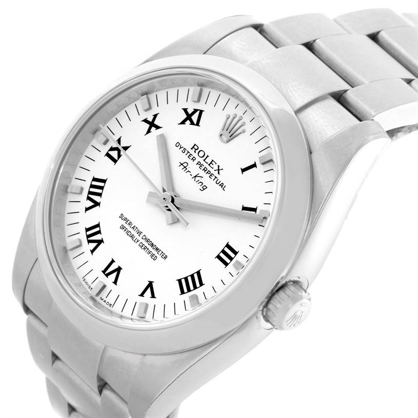 The Rolex Air-King 114200 Men's Stainless Steel White Dial 114200 Men's Stainless Steel White Dial watch is shown at a slight angle from above, displaying the dial, bezel, crown, and part of the metal bracelet.