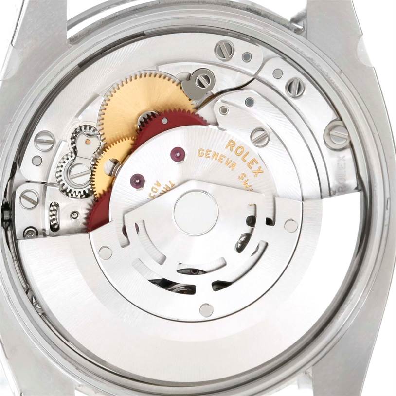 The image shows the internal mechanism of the Rolex Air-King 114200 Men's Stainless Steel White Dial 114200 Men's Stainless Steel White Dial watch from a close-up, top-down angle.