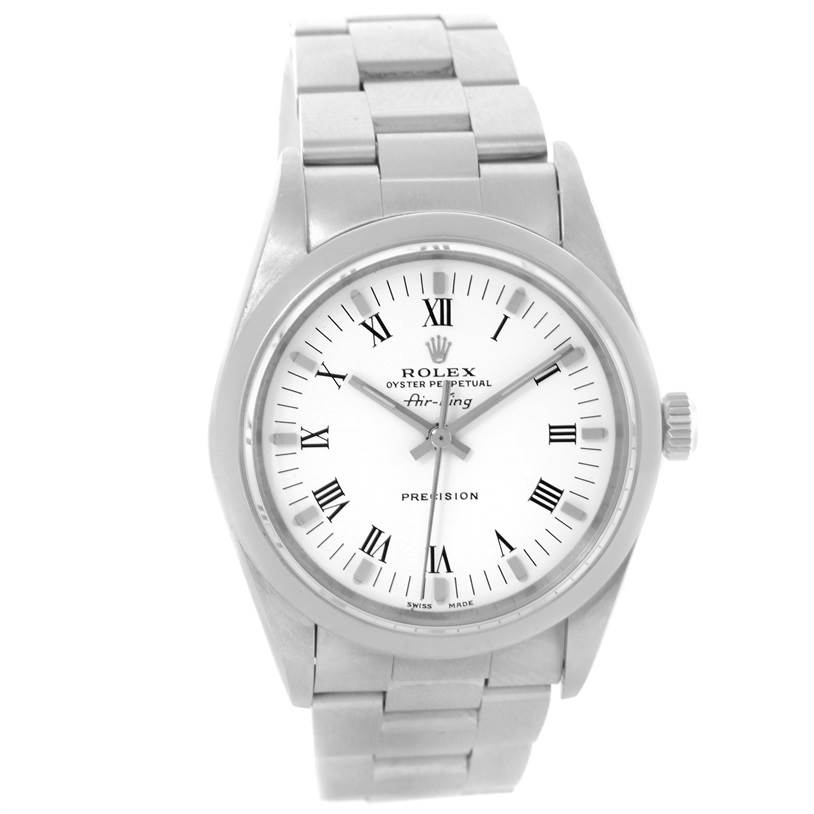 The image shows a front view of the Rolex Air-King 14000 Men's Stainless Steel White Dial 14000 Men's Stainless Steel White Dial watch, highlighting the face, bezel, and part of the bracelet.