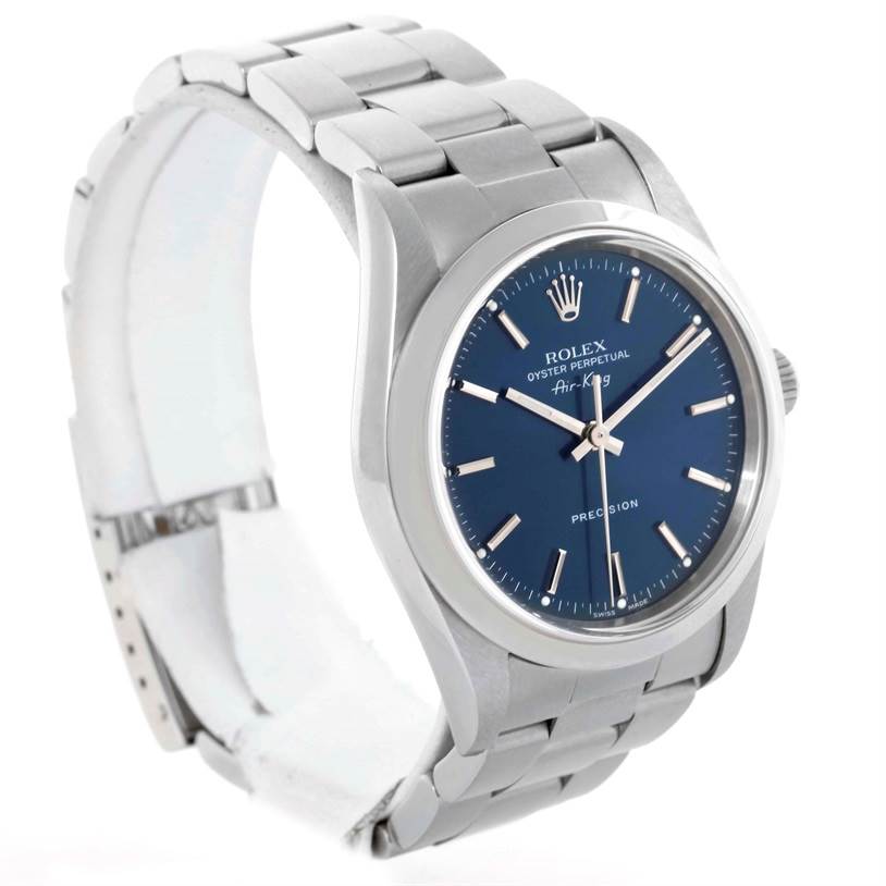The image shows a Rolex Air-King 14000 Men's Stainless Steel Blue Dial 14000 Men's Stainless Steel Blue Dial watch from a side angle, displaying the bracelet, case, and dial.