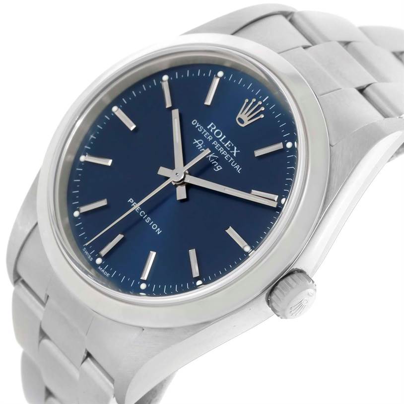 The image shows a close-up, angled view of the Rolex Air-King 14000 Men's Stainless Steel Blue Dial 14000 Men's Stainless Steel Blue Dial watch, highlighting its blue dial, crown, and metal bracelet.