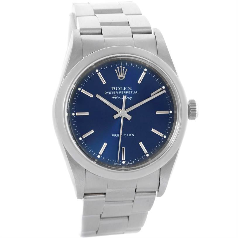 The Rolex Air-King 14000 Men's Stainless Steel Blue Dial 14000 Men's Stainless Steel Blue Dial watch is shown from a front angle, displaying its face, bezel, and bracelet.