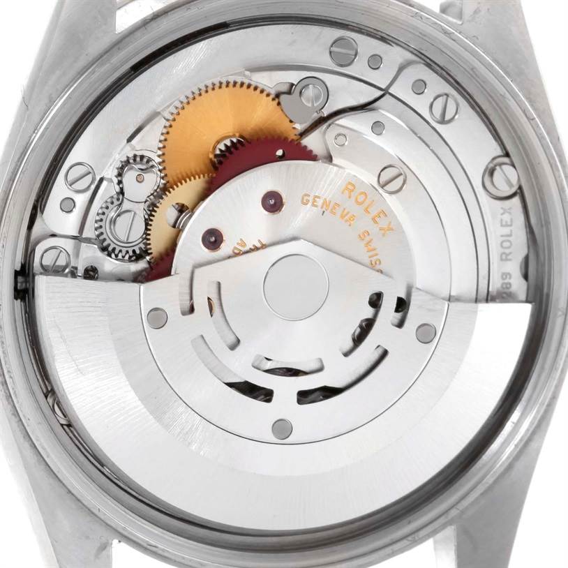 This image shows the internal mechanical movement parts of a Rolex Air-King 14000 Men's Stainless Steel Blue Dial 14000 Men's Stainless Steel Blue Dial watch from a rear angle.