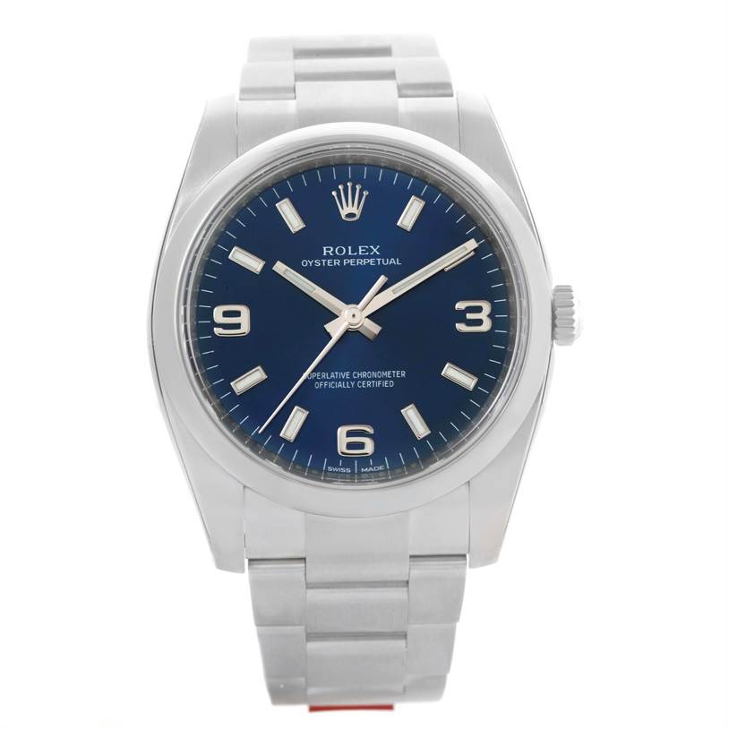 This image shows a front view of a Rolex Air-King 114200 Men's Stainless Steel Blue Dial 114200 Men's Stainless Steel Blue Dial watch, highlighting its face, bezel, crown, and bracelet.
