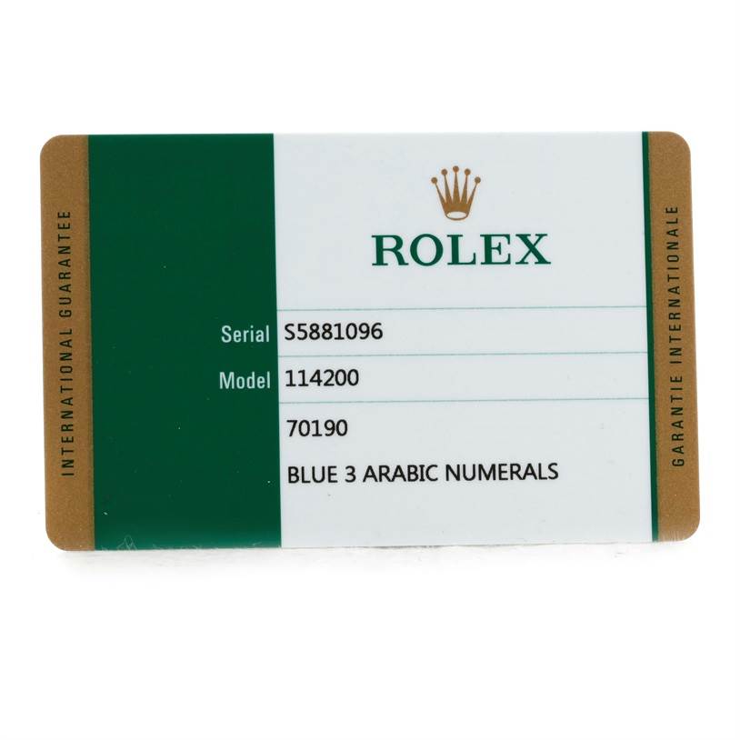 This image shows an international guarantee card for a Rolex Air-King 114200 Men's Stainless Steel Blue Dial 114200 Men's Stainless Steel Blue Dial model 114200 watch.