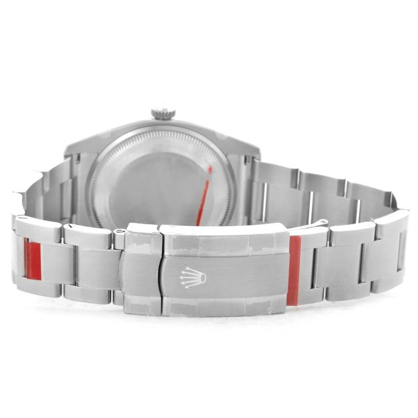 This image shows the back view of the Rolex Air-King 114200 Men's Stainless Steel Blue Dial 114200 Men's Stainless Steel Blue Dial watch, focusing on its bracelet and clasp.