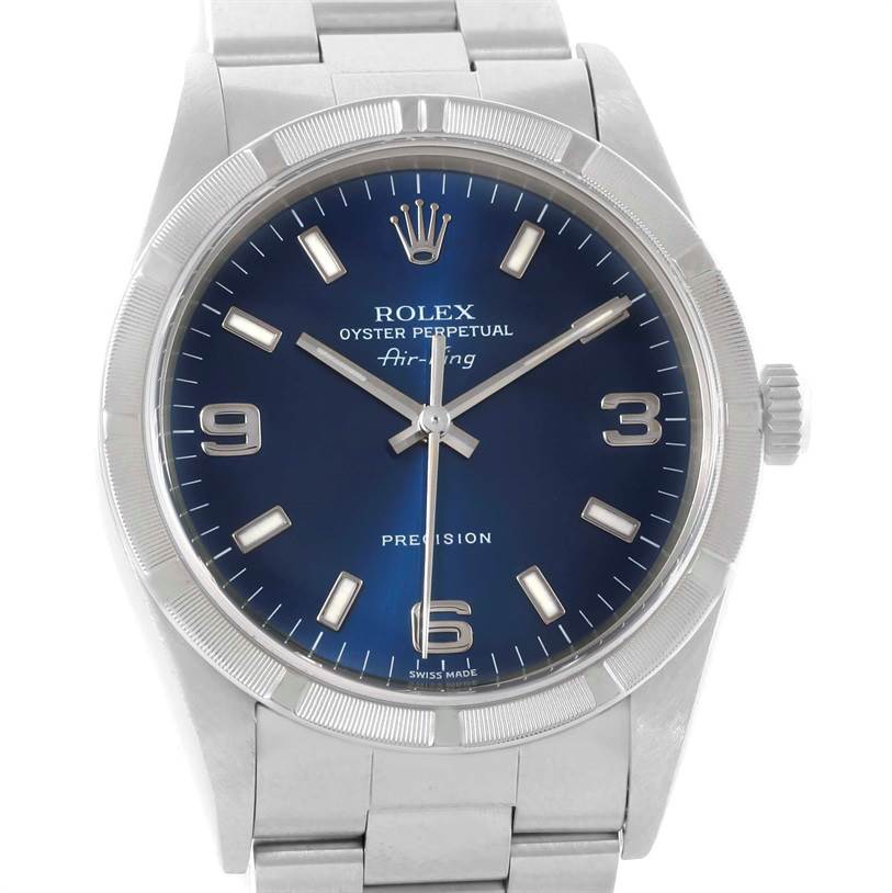 This image shows a front view of the Rolex Air-King 14010 Stainless Steel Blue Dial 14010 Stainless Steel Blue Dial watch, highlighting the dial, crown, and bracelet.