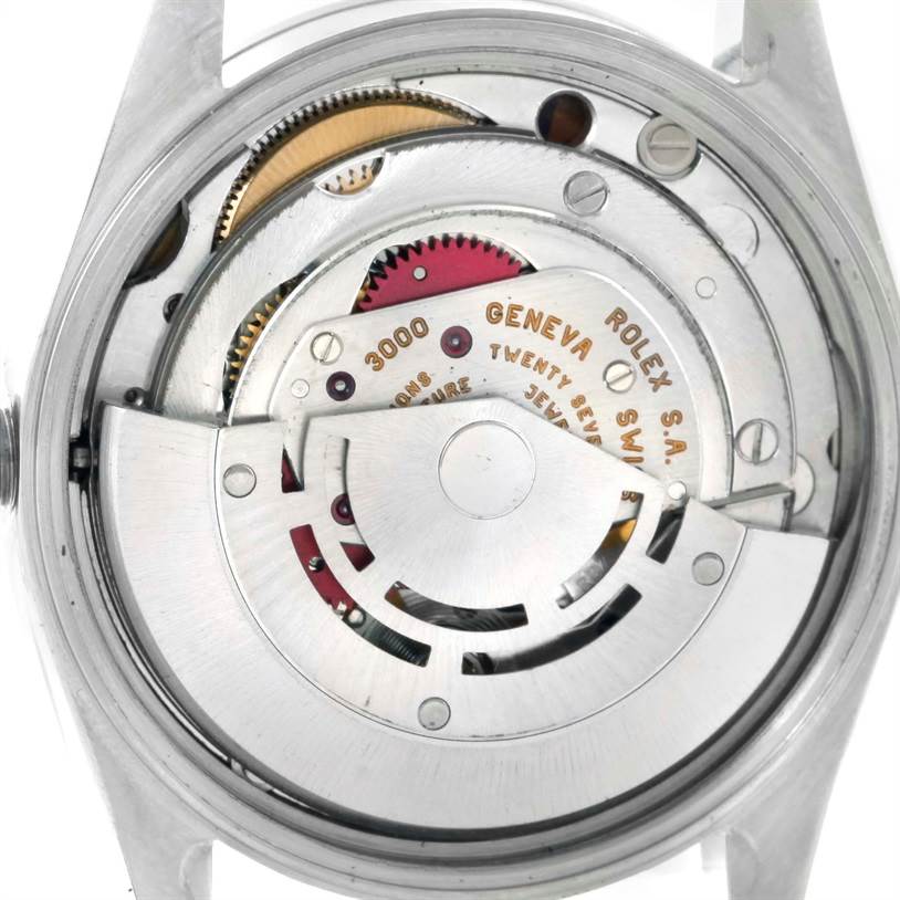 This image shows the open case back of a Rolex Air-King 14000 Men's Stainless Steel Blue Dial 14000 Men's Stainless Steel Blue Dial, revealing its intricate internal movement.