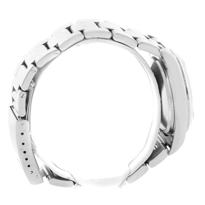 This image shows the side view of the bracelet, clasp, and part of the case of a Rolex Air-King 14000 Men's Stainless Steel Blue Dial 14000 Men's Stainless Steel Blue Dial watch.