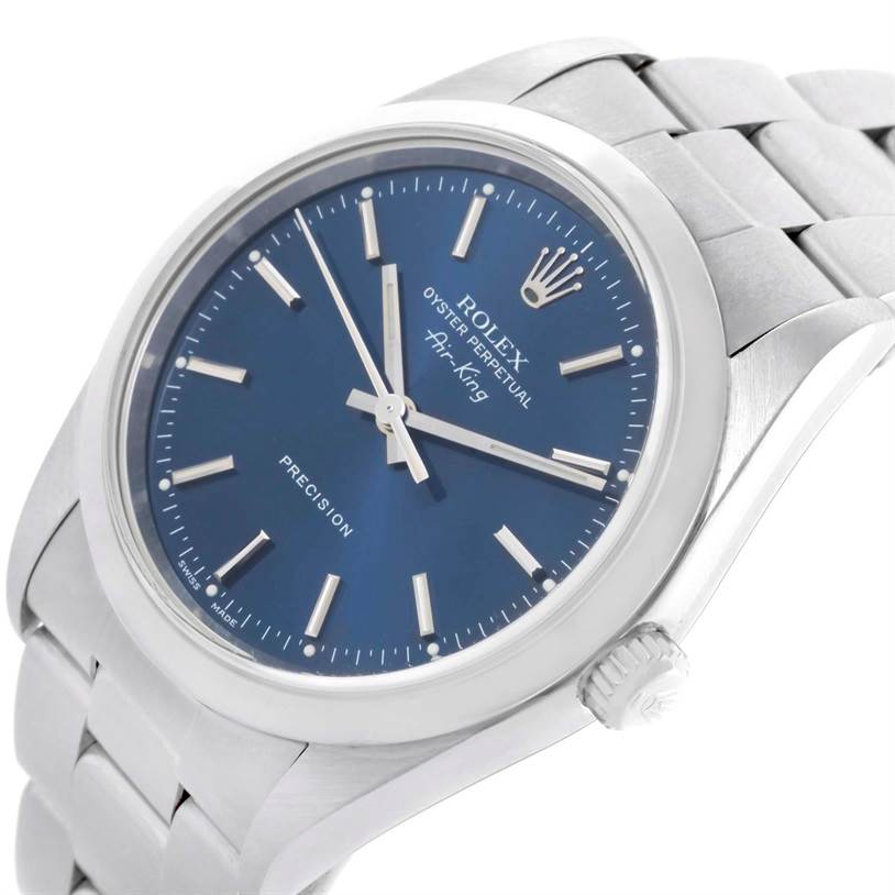 This image shows a side angle of a Rolex Air-King 14000 Men's Stainless Steel Blue Dial 14000 Men's Stainless Steel Blue Dial watch, highlighting its blue dial and stainless steel bracelet.