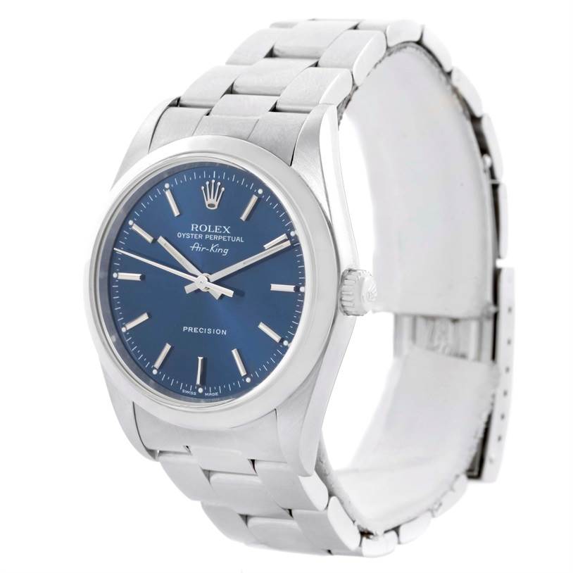 The Rolex Air-King 14000 Men's Stainless Steel Blue Dial 14000 Men's Stainless Steel Blue Dial watch is shown at a slight angle, featuring the face, crown, and bracelet.