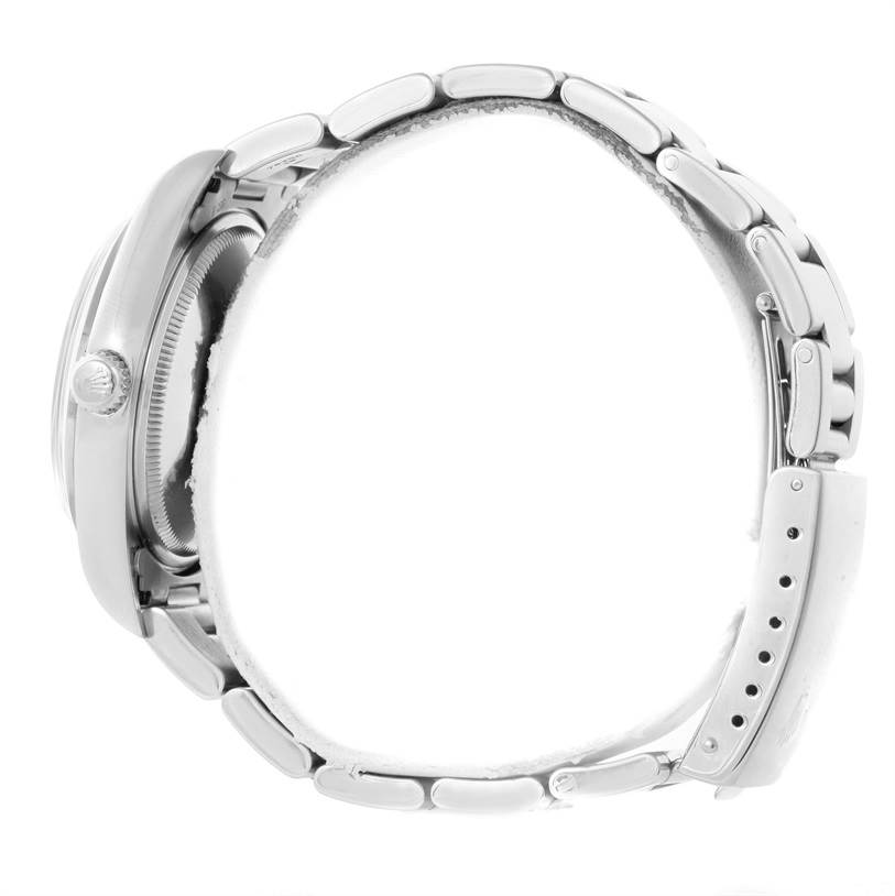 This image shows the Rolex Air-King 14000 Men's Stainless Steel Blue Dial 14000 Men's Stainless Steel Blue Dial watch from a side profile, highlighting the case, crown, and metal bracelet.