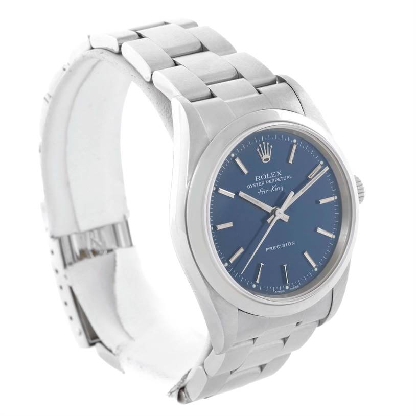 This Rolex Air-King 14000 Men's Stainless Steel Blue Dial 14000 Men's Stainless Steel Blue Dial watch is shown at a slight angle, highlighting the face, bezel, crown, and part of the bracelet.