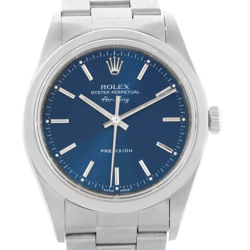 This image displays a frontal view of the Rolex Air-King 14000 Men's Stainless Steel Blue Dial 14000 Men's Stainless Steel Blue Dial watch, showing the face, crown, and bracelet.