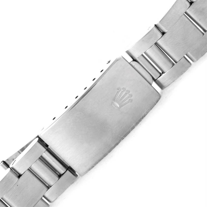 This is a close-up shot of the stainless steel bracelet and clasp of the Rolex Air-King 14000 Men's Stainless Steel Black Dial 14000 Men's Stainless Steel Black Dial watch, featuring the Rolex crown logo.