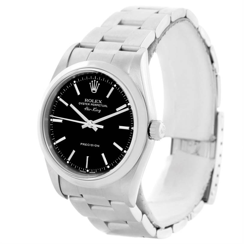 The Rolex Air-King 14000 Men's Stainless Steel Black Dial 14000 Men's Stainless Steel Black Dial watch is shown at a slight angle, displaying its black dial, stainless steel case, and bracelet.