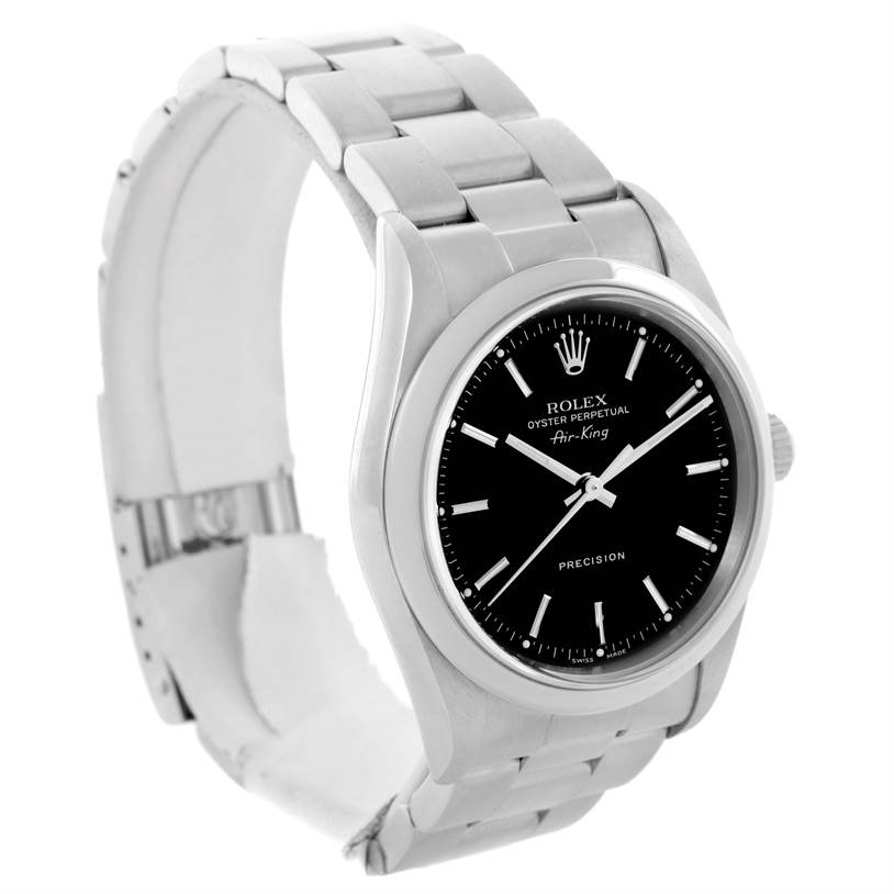 The Rolex Air-King 14000 Men's Stainless Steel Black Dial 14000 Men's Stainless Steel Black Dial watch is shown from a front-left angle, displaying its face, bezel, crown, and part of the bracelet.