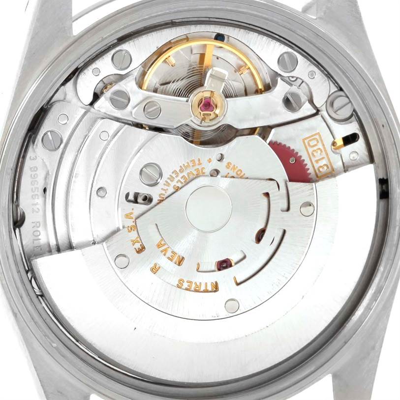 This is an interior view of a Rolex Air-King 14000 Men's Stainless Steel Black Dial 14000 Men's Stainless Steel Black Dial watch highlighting its movement and components.