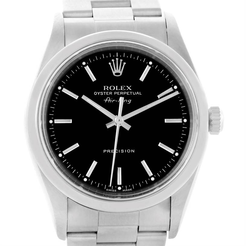 This image shows a front view of a Rolex Air-King 14000 Men's Stainless Steel Black Dial 14000 Men's Stainless Steel Black Dial watch, highlighting its black dial, hour markers, hands, and part of its stainless steel bracelet.