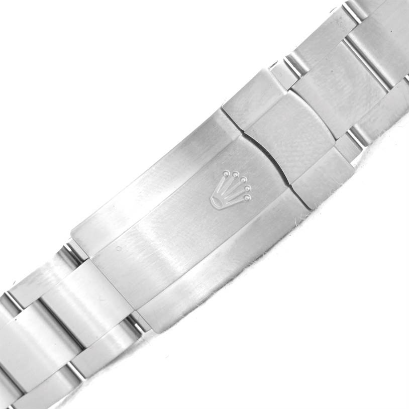 This image shows the clasp and part of the bracelet of the Rolex Air-King 114200 Men
s Stainless Steel Blue Dial 114200 Men
s Stainless Steel Blue Dial watch.