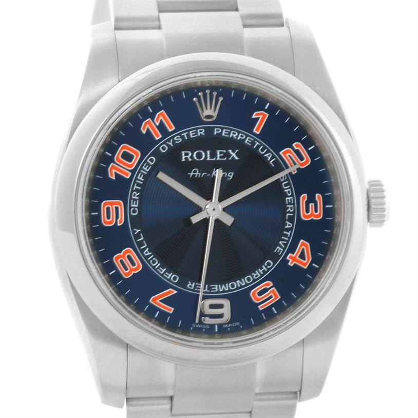 The image shows a front view of a Rolex Air-King 114200 Men
s Stainless Steel Blue Dial 114200 Men
s Stainless Steel Blue Dial watch, highlighting its dial, hour markers, and crown.